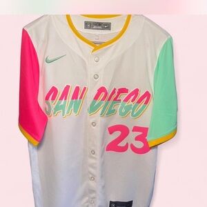 Nike San Diego Colorblock Baseball Jersey in White, Pink, Mint